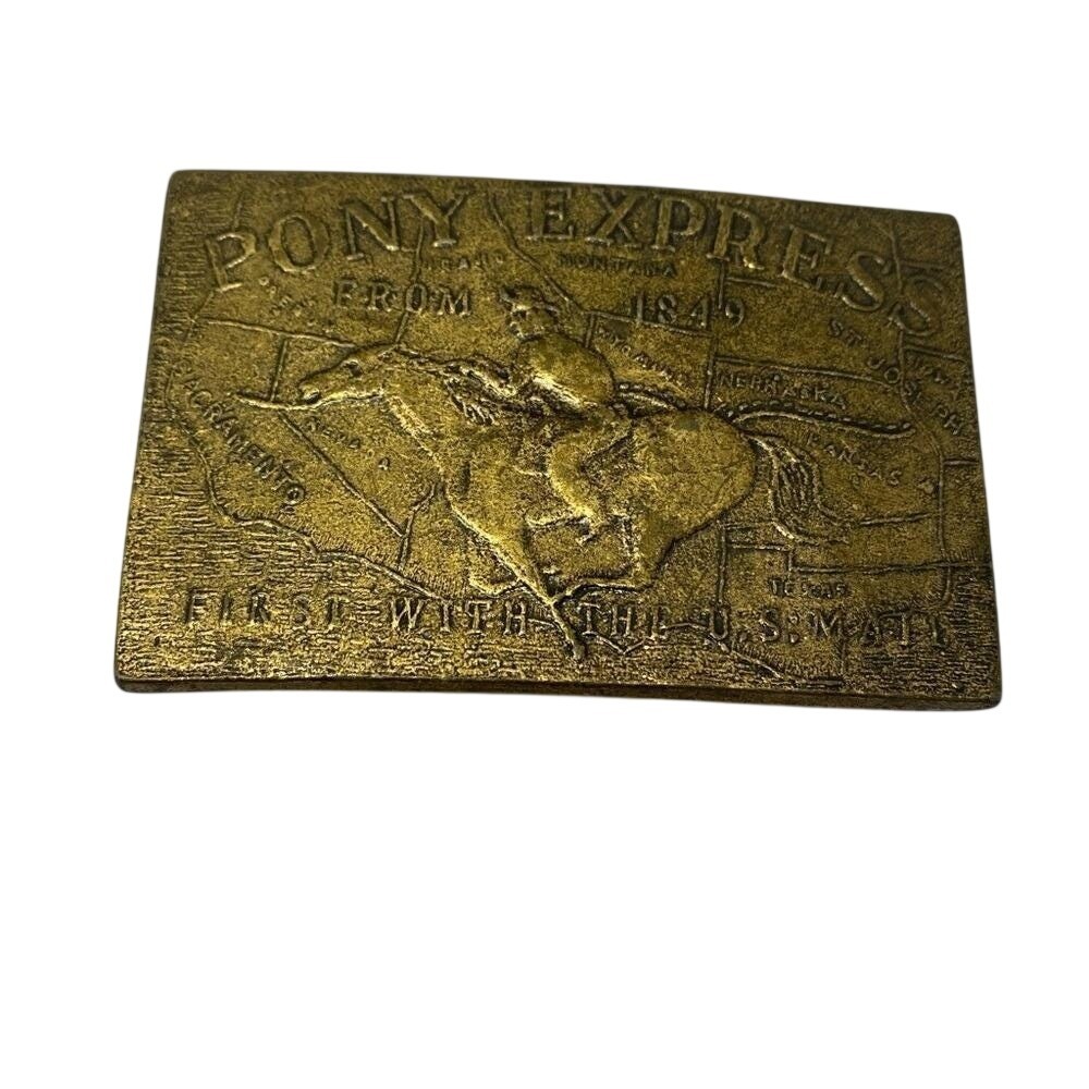Vintage Pony Express Belt Buckle‎ Mens OS Gold Brass Western Rider 1849 Map